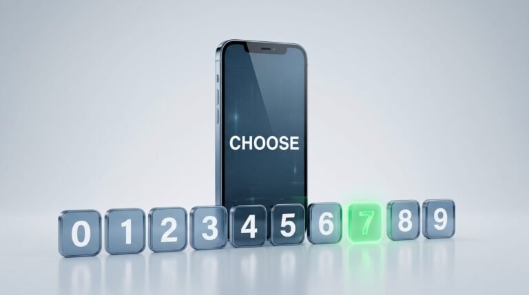 Choose your own mobile number: smartphone behind a row of number tiles with one digit highlighted