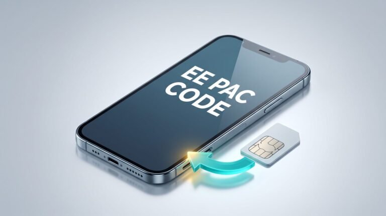 EE PAC code: smartphone showing EE PAC CODE with a SIM card and teal arrow