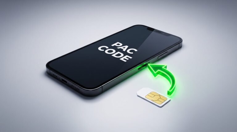 giffgaff PAC code: smartphone showing PAC CODE with a SIM card and green arrow, representing moving your number between networks
