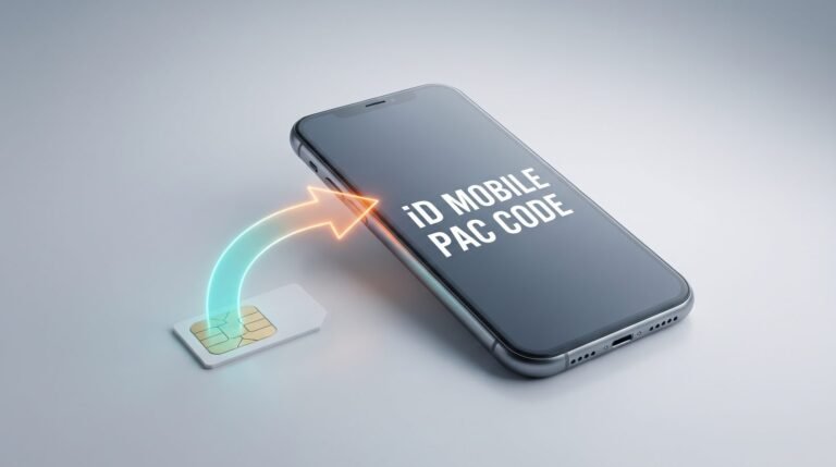 iD Mobile PAC code: smartphone showing iD MOBILE PAC CODE with a SIM card and arrow