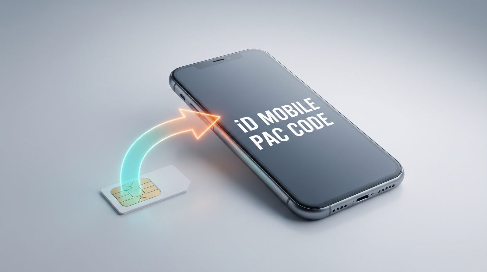iD Mobile PAC code: smartphone showing iD MOBILE PAC CODE with a SIM card and arrow