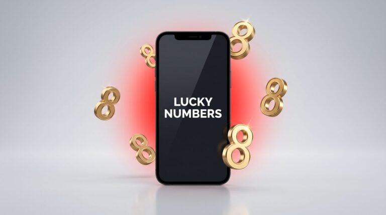 Lucky mobile numbers UK: smartphone surrounded by floating gold 8s with a warm red glow