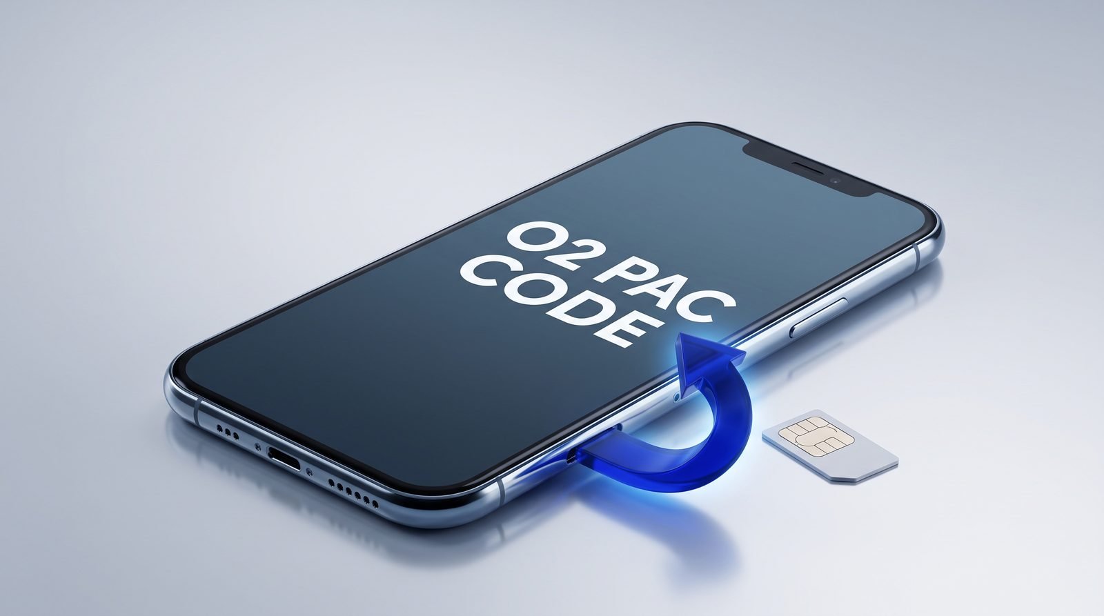 O2 PAC code: smartphone showing O2 PAC CODE with a SIM card and blue arrow