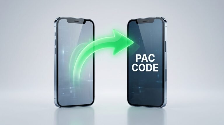 PAC code: two smartphones with a green arrow moving a phone number from one to the other