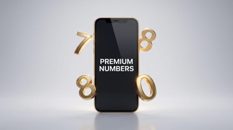 Premium mobile numbers UK: gold-rimmed smartphone surrounded by polished gold digits