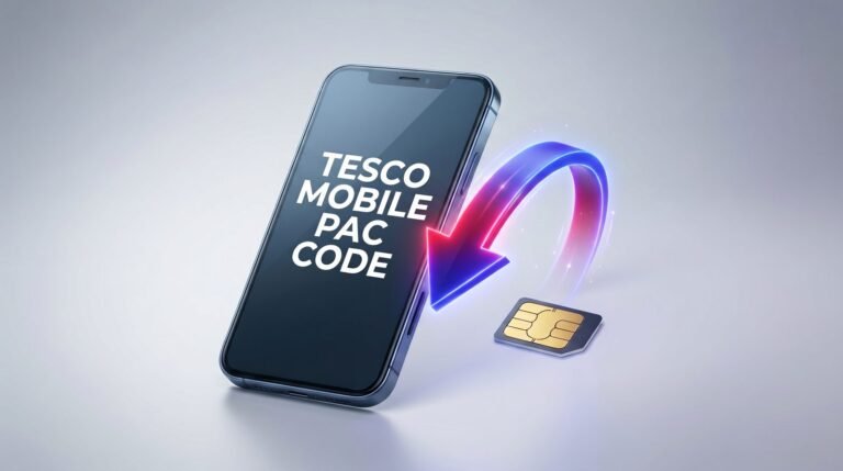 Tesco Mobile PAC code: smartphone showing TESCO MOBILE PAC CODE with a SIM card and arrow