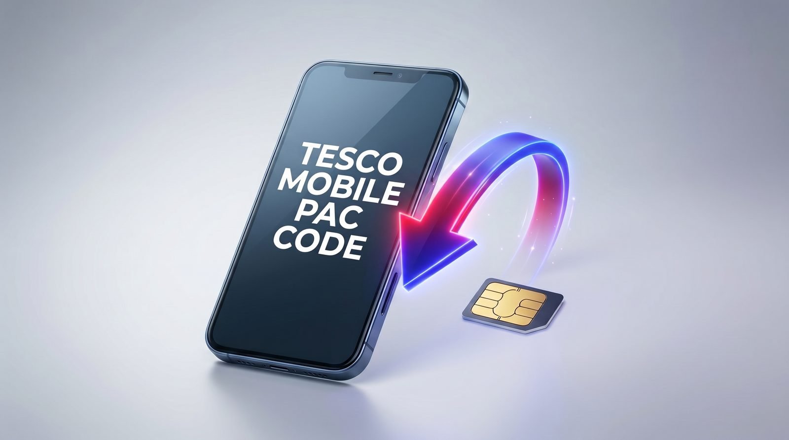 Tesco Mobile PAC code: smartphone showing TESCO MOBILE PAC CODE with a SIM card and arrow