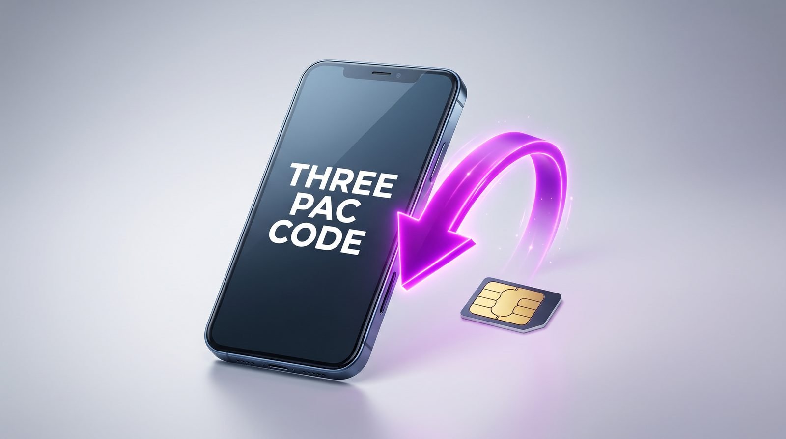 Three PAC code: smartphone showing THREE PAC CODE with a SIM card and magenta arrow