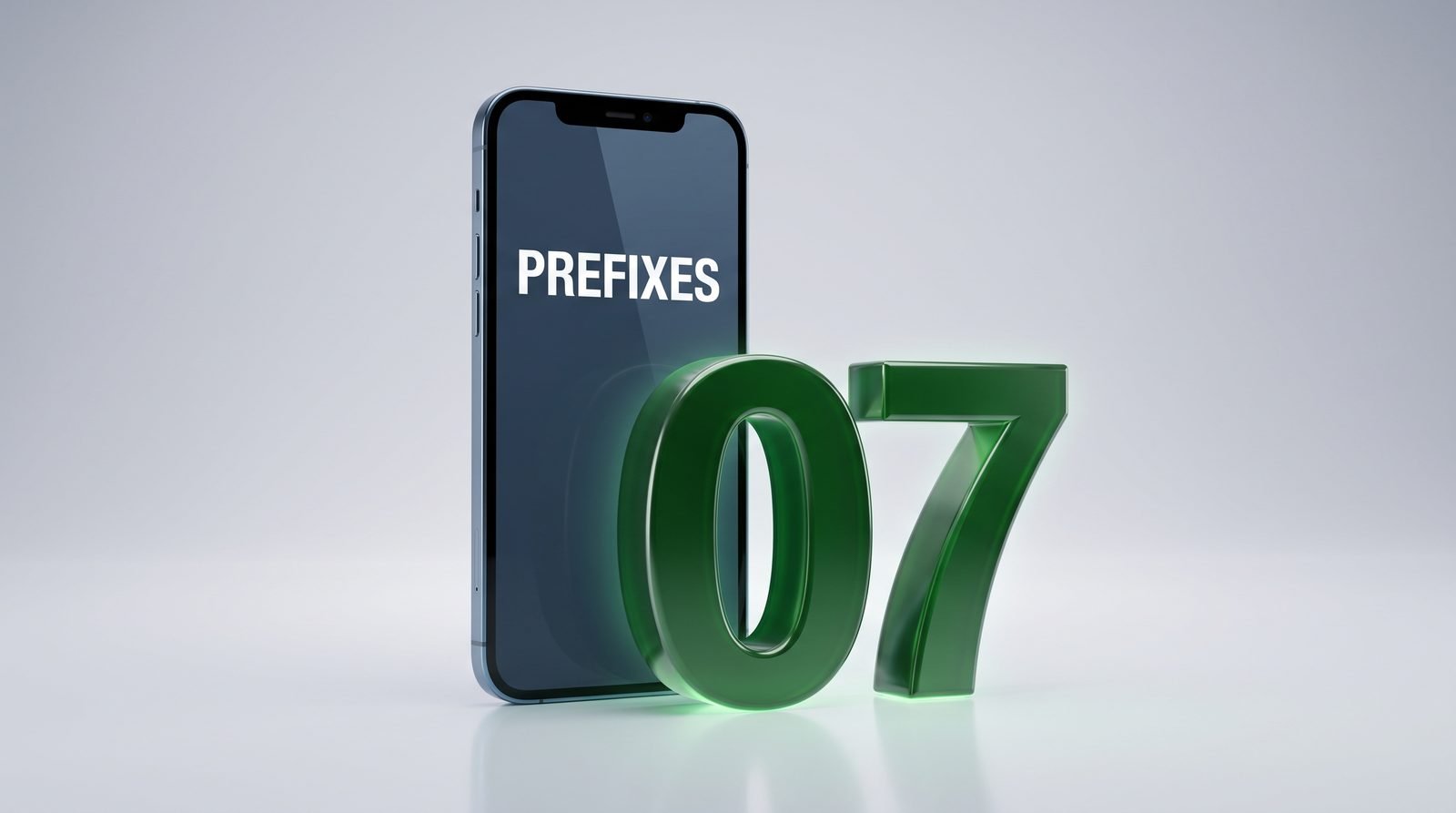 UK mobile number prefixes: smartphone beside a large green 3D 07