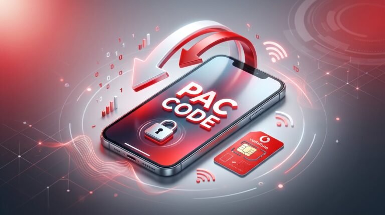 Vodafone PAC code: smartphone with a red Vodafone SIM card and transfer arrow, representing moving your number to a new network